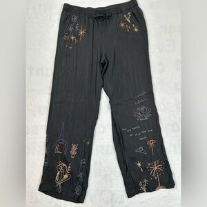 Johnny Was Calme Silk Wide Leg Black Pants Embroidered